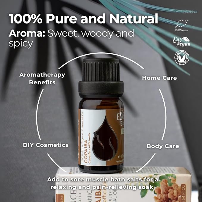 Essences Bulgaria Organic Copaiba Essential Oil 0.34 Fl Oz 10ml Copaifera officinalis - 100% Pure Natural Undiluted Therapeutic Grade Aromatherapy for Diffuser Humidifier Massage Skin Care Hair Oil