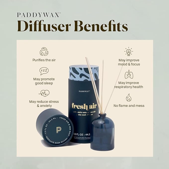 Paddywax Petite Reed Diffuser Set with Wooden Reeds, 720 Hour Long Lasting Home Fragrance Oil Diffuser, Decorative Milky Glass Bottle, Fresh Air Scent, Navy, 1.5 oz