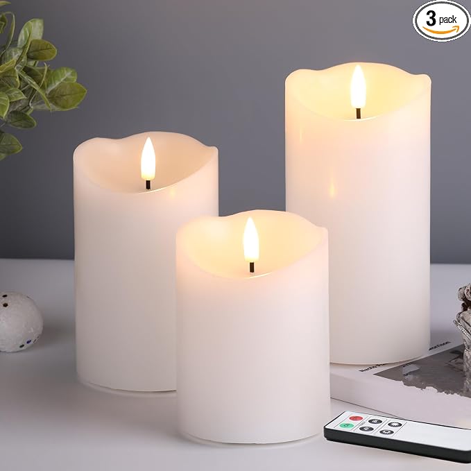 White Flameless Pillar Candles with Remote, LED Candles Battery Operated, Real Wax Electric Candles Flickering Set of 3