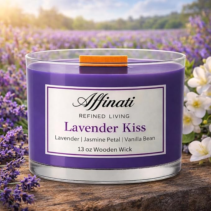 Affinati Lavender Kiss Wooden Wick Candle – Premium Wooden Bowl, 13 oz