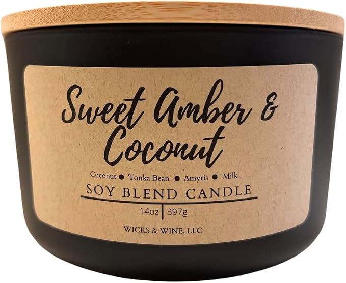 Wicks & Wine Soy Blend 3-Wick Cotton CORE Candle 14oz (Sweet Amber & Coconut)