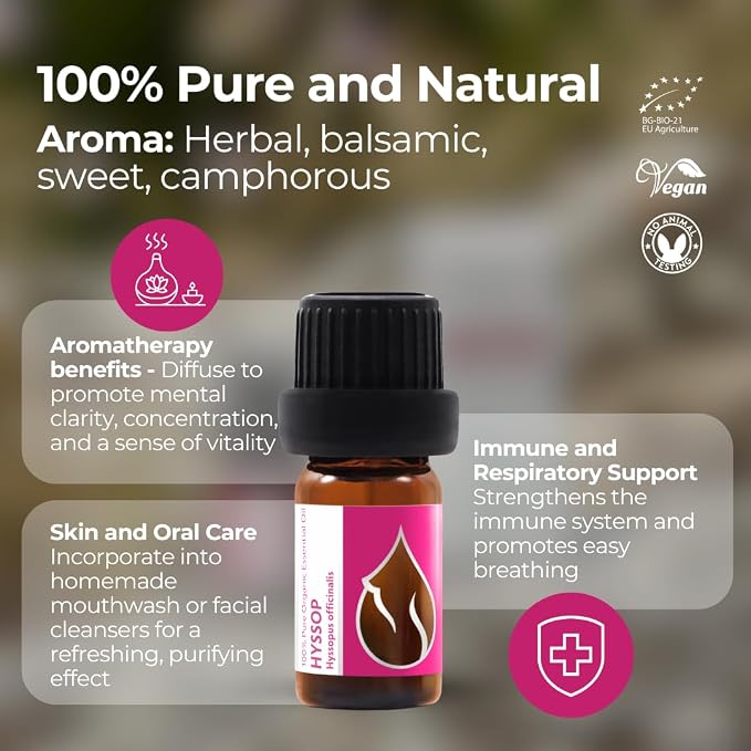 Organic Hyssop Essential Oil 1/6 Fl Oz (5ml) Hyssopus officinalis - 100% Pure and Natural Undiluted Therapeutic Grade Aromatherapy for Diffuser and Muscle Relaxation Massages