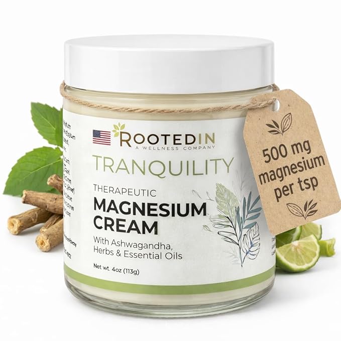 Rooted In 2X More Magnesium Cream – Stress Relief & Sleep with Ashwagandha – Calming Body Lotion for Women – Topical Magnesium Chloride, US Made – 4oz