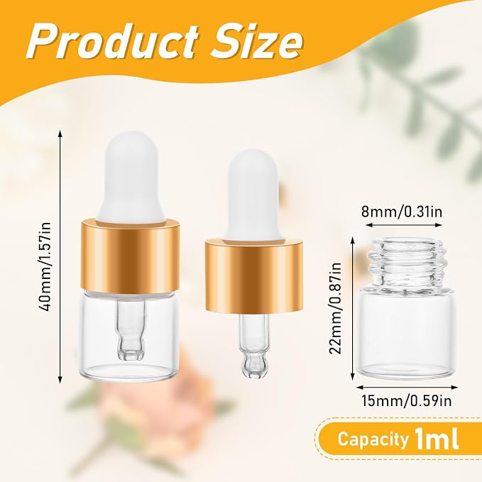 20 Pack Mini Dropper Bottle for Cuticle Oil, 1ml Small Sample Essential Oil Dropper Bottles for Travel, Clear Empty Vails for Cosmetic Perfume