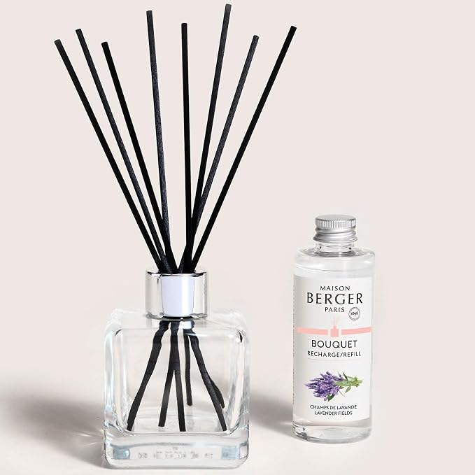 MAISON BERGER Reed Diffuser Bouquet, 100 ml, Lavender Fields | Clear Glass Bottle, 8 Reed Sticks, 100 ml Refill, Up to 6-Week Passive Diffusion, No Flame, Made in France
