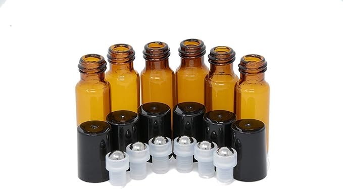 24pcs 5mL Roller (1.35 dram) Amber Glass Stainless Steel Roller Bottle 5cc Vial Small Essential Oil Bottle Travel Must + a 7 Chakra Lava Bead Bracelet for essential oil diffusing & insert removal tool