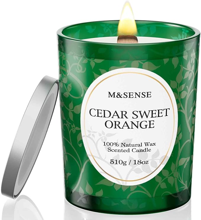 M&SENSE Cedarwood Orange Christmas Candle, Cracking Wooden Wick | Soy Wax, 18oz, 100 Hours Long Lasting, Winter Holiday Aromatherapy, Gifts for Women