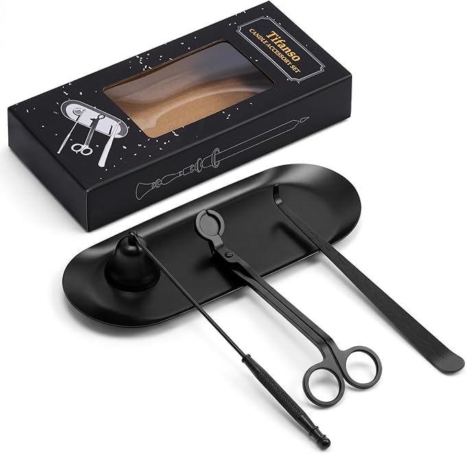tifanso 4-in-1 Candle Care Kit with Wick Trimmer Cutter, Extinguisher Snuffer, Dipper and Storage Tray Plate, Stainless Steel Wick Scissors Accessories with Gift Package for Candle Lovers (Black)