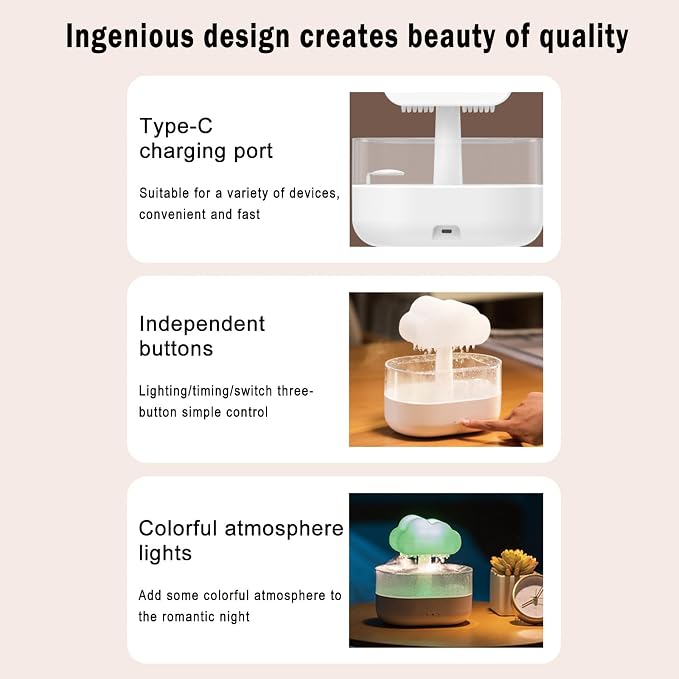 Raining Cloud Humidifier,Water Drip Essential Oil Diffuser,7 Colors Led Lights Humidifier Simulate Natural Rain Suitable for Various Occasions in Daily Life 200ML,Black