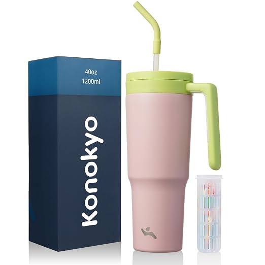 Konokyo Insulated Tumbler with Handle and Straw,40 OZ Vacuum Stainless Steel Water Bottle Travel Mug Metal Cup with Fruit Diffuser,Cherry