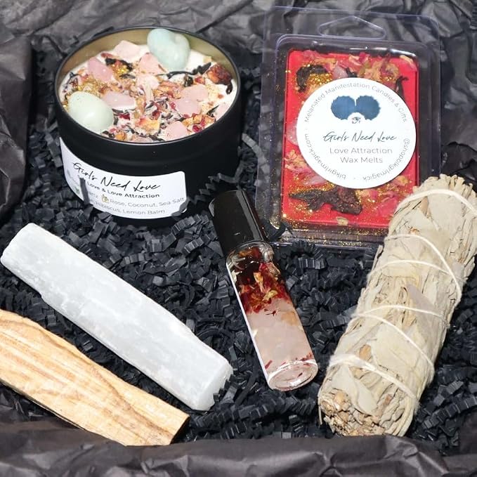 BlkGrlMagick Rose Quartz Self Love Manifestation Crystal Candle, Sea Salt and Orchid Scented Amazonite,Rose Petals, Hibiscus, Organic Soy Candles, Handmade, Black Owned Spiritual Gifts (8oz Tin)