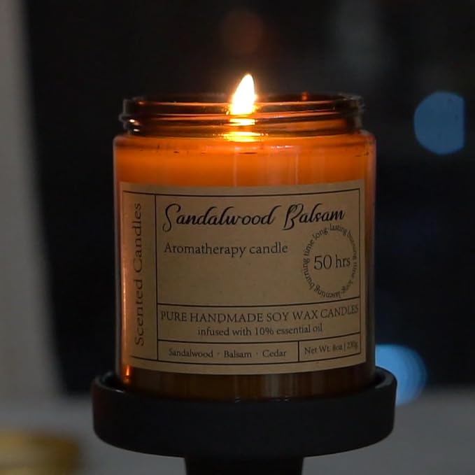 【4.0 | 43】Sandalwood Balsam Candles for Home Scented - 8oz Natural Soy Candles Aromatherapy Candle Gift for Men and Women Relaxation Anxiety Stress Relief, Enjoy a Relax Candle with 50 Hour Burn Time
