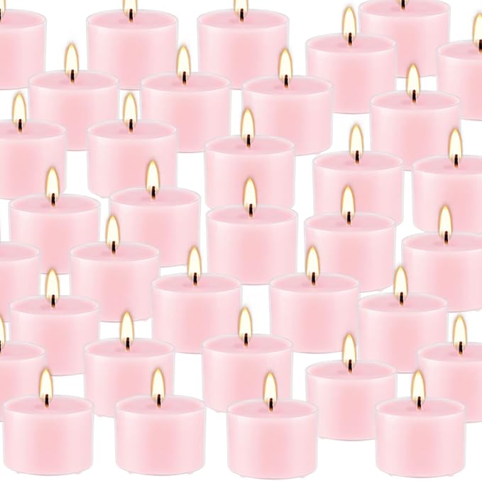 Rose Scented Candle Tealight Candles in Clear Cup, 8 Hours Consistent Smkless Clean Burning, Great for Valentine's Day Holiday, Wedding, Spa, Emergency and Home Decoration（Pink，50 Pack）