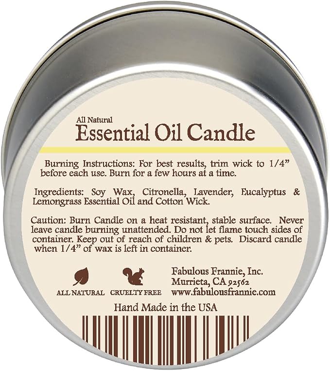 Fabulous Frannie Bug Away Travel Tin All Natural Soy Candle Made with Pure Essential Oils Lemongrass Citronella 6oz