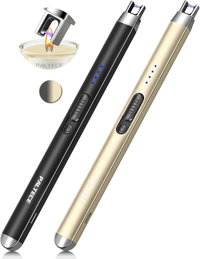 2 Pack Candle Lighter USB Rechargeable Electric Plasma Arc Lighters with Safety Lock, Windproof Flameless Long Lighters Matches for Candle, Grill, BBQ, Camping, Gas Stoves (Black, Gold)