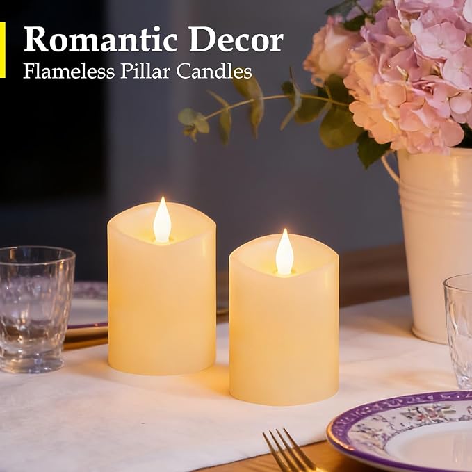3"x4" Flickering Flameless Battery Candles with Timer, Ivory Realistic LED Pillar Candles, Set of 2 Large Remote-Operated Candles for Home Indoor/Outdoor & Holiday Decor