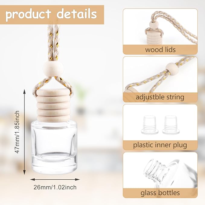 50 Pcs Car Essential Oil Hanging Bottle Empty Car Air Freshener Diffuser Bottle Perfume Glass Bottle Pendant Aromatherapy Fragrance Bottle Auto Car Interior Ornaments Decor (Round shape)