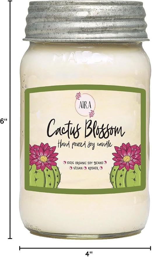 Aira Soy Candles - Organic, Kosher, Vegan, in Mason Jar w/Therapeutic Grade Essential Oil Blends - Hand-Poured 100% Soy Candle Wax - Paraffin Free, Burns 110+ Hours - Cactus Blossom -16 Ounces