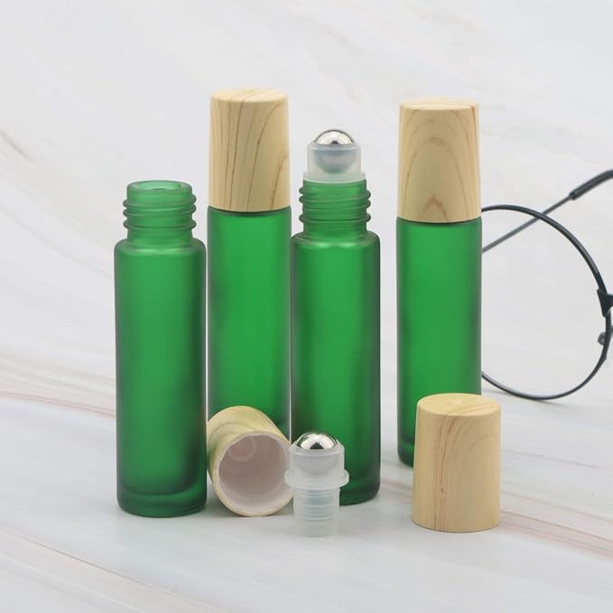 Kesell 10Pcs 10ml Colorful Frosted Glass Roller Bottles with Metal Roller Ball and Wood Grain Plastic Cap for Essential Oil Aromatherapy Perfume Cosmetic