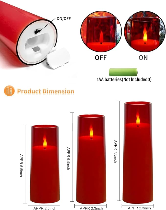 kakoya Flickering Flameless Candles Battery Operated with Remote and 2/4/6/8 H Timer Plexiglass Led Pillar Candles Pack of 9 (D2.3 xH5.5 6.5" 7.5") with Realistic 3D Wick Candles for Home Decor(Red)
