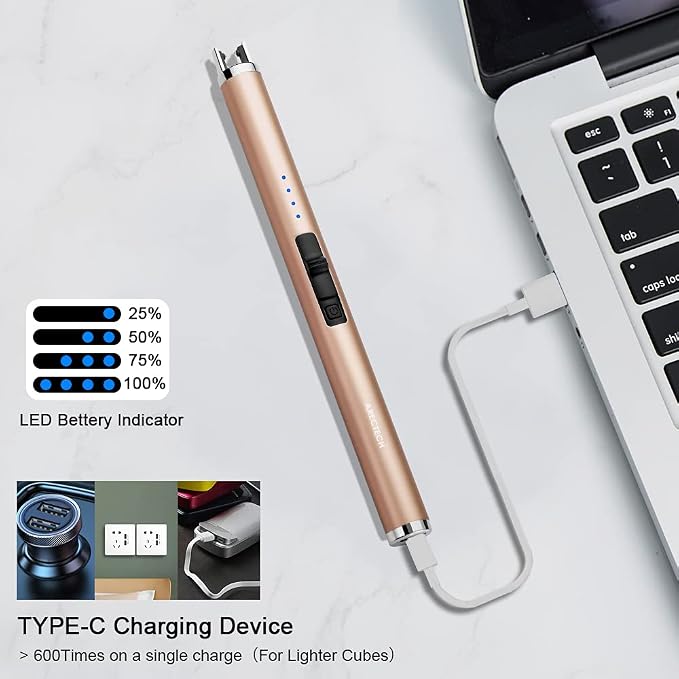 ARECTECH Rechargeable Electric Candle Lighter, Arc Plasma Windproof Lighter for Candle Kitchen Birthday, Christmas Stocking Stuffers Gifts for Mom Men Wife with Type-C Cable, Gold