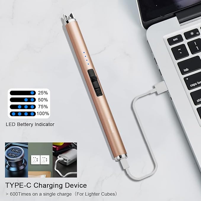ARECTECH Rechargeable Electric Candle Lighter, Christmas Stocking Stuffers Gifts for Mom Men Wife, Arc Plasma Windproof Lighter for Candle Kitchen Birthday with Type-C Cable, Gold 2 Pack