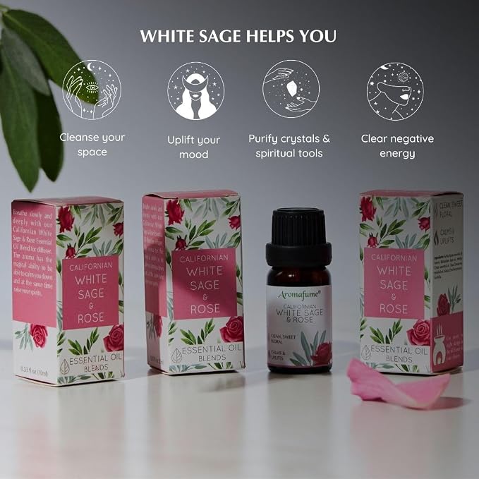 White Sage & Rose Essential Oil Diffuser Blend by Aromafume | 3x10ml/0.33 fl oz | Aromatherapy Oil for Cleansing Negative Energy & Protection | Ethically sourced | Sage Oil for Smokeless Smudging