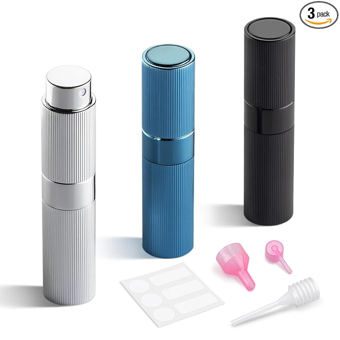 LISAPACK Perfume Travel Refillable Bottle - Atomizer Cologne Spray for Men Portable - Mini Sprayer Empty for Refill - Small Size 8ML Striped (Black, Silver, Blue)