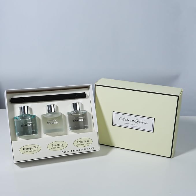 Reed Diffuser Set of 3 | Aromatherapy Fragrance Oil | 12 Sticks and 6 Rattan Balls, 3 x 50ML (Eucalyptus, Westin White Tea, Lemongrass & Ginger, Yellow Beige Edition)