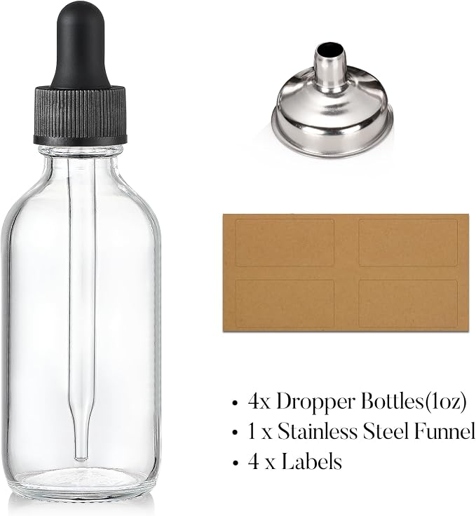 Set of 4, 1 oz Clear Eye Dropper Bottles with 1 Stainless Steel Funnels & 4 Labels - Black Caps 30ml Thick Glass Tincture Bottles - Leakproof Essential Oils Bottles for Health, Personal Care & Beauty