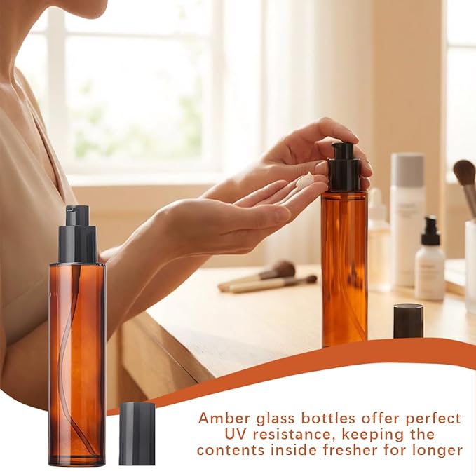 2 Pcs 100ml 3.4oz Amber Glass Travel Bottles for Toiletries with Black Pump Refillable Cosmetic Cream Pump Bottle Travel Lotion Dispenser Soap Dispenser Cosmetics Containers Bottle Vial