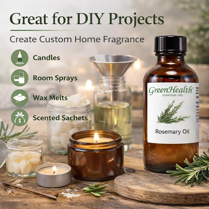 GreenHealth Rosemary Essential Oil 4 fl oz – 100% Pure & Natural – Undiluted Steam Distilled Aromatherapy Oil – Amber Glass Bottle for Diffuser, Candle Making, DIY & Home Fragrance