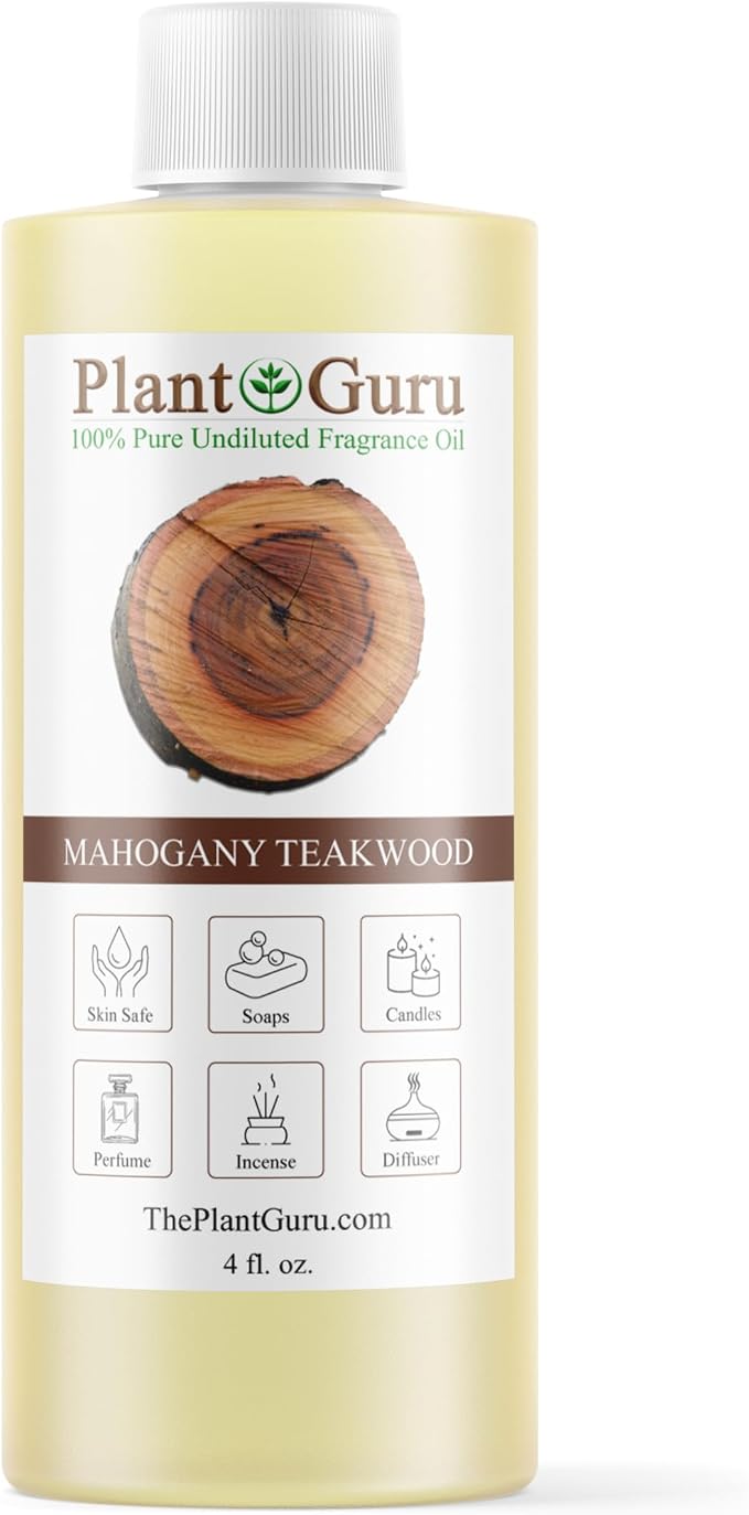 Mahogany Teakwood Fragrance Oil 4 fl. oz. Scented Oil for DIY Soap Making, Candles, Bath Bombs, Body Butters. Used In Aromatherapy Diffusers, Burners and Warmers. Great Addition To Lotions and Creams.