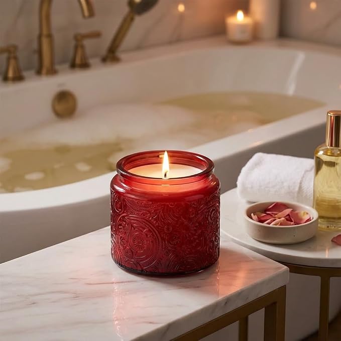 10 oz Red Sun Moon Stars Candle Jars with Metal Lids, 9 Pack | Patented Embossed Design, Includes Wick Centering Devices & Warning Labels, Multiple Color Options