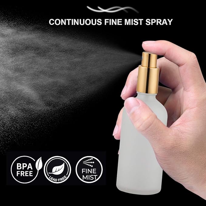 Glass Spray Bottle 3.4oz, Empty Frosted Perfume Atomizer, Fine Mist Spray,Gold Sprayer (2 PACK)