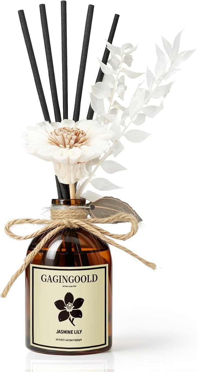 Jasmine Lily Scented Oil Set, 10 Black Sticks & Decorative Flower, Reed Diffuser for Bedroom Living Room, Long Lasting Fragrance, 5 fl.oz