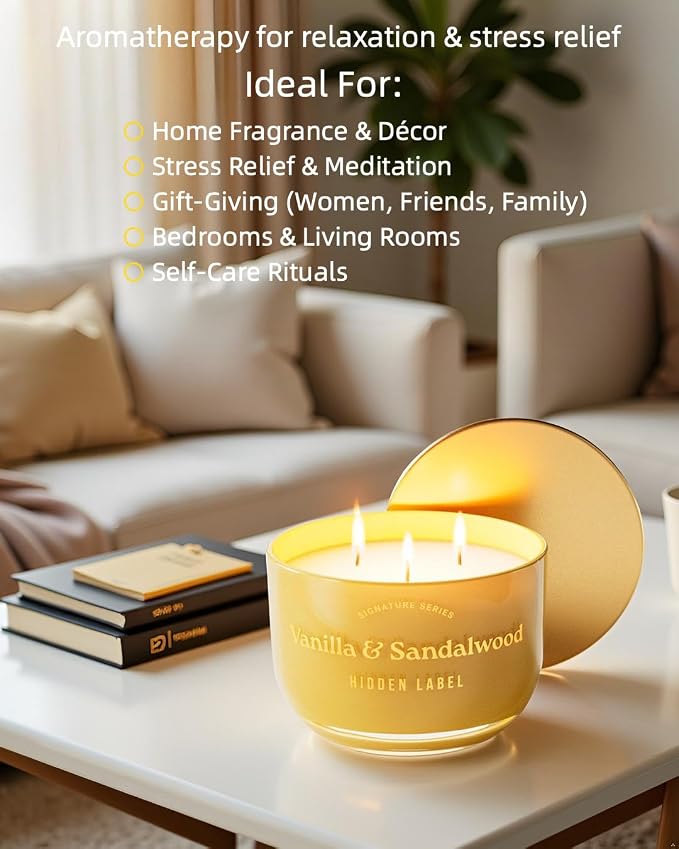 Hidden Label Vanilla Sandalwood Scented Candle, 18oz Large 3 Wick Natural Soy Wax Candle, 70 Hours Burn Time Non Toxic Aromatherapy Candle for Home, Luxury Home Décor & Gift for Women
