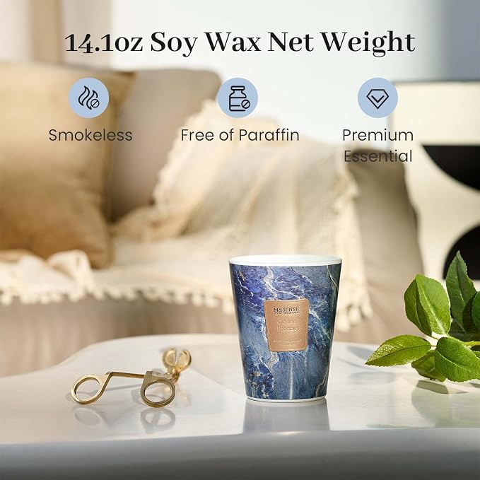 M&SENSE Ocean Breeze Scented Soy Candle, 3 Wick Highly Scented 14.1 Oz 75H, Aromatherapy Christmas Gift for Women and Men
