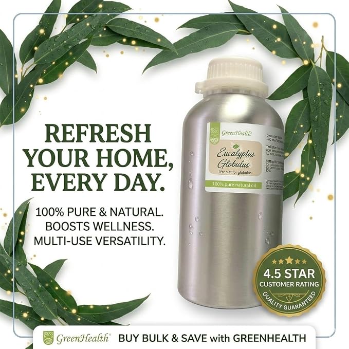 GreenHealth Eucalyptus Essential Oil – 32 fl oz (946 ml) – 100% Pure & Natural – Bulk Aromatherapy Oil in Aluminum Bottle – for Diffuser, Cleaning, Air Freshener, Home Fragrance