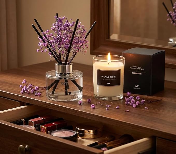 WEALD TRIBE Flower Reed Diffuser Set Lavender Scent for Bathroom Accessories Shelf Decor & Air Fresheners, Sticks Defusers with 5.1 fl oz Essential Oils & Leaves, House Bedroom Office Decor & Gifts