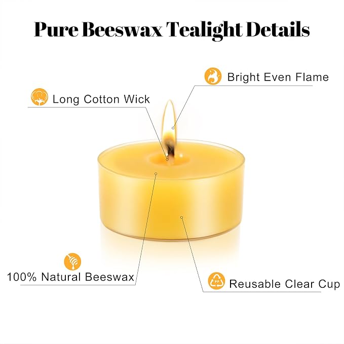 48 Packs Beeswax Tealight Candles, 100% Pure Beeswax Candles | 4-Hour Extended Burn Time | Natural Beeswax Tea Candle in Clear Cup, Perfect for Home Decor,Air Purification,Fragrance