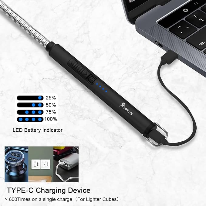 SUPRUS Electric Candle Lighter USB Type C Rechargeable Lighter Steel Shell & Hanging Hook with 360° Flexible Neck (Black)