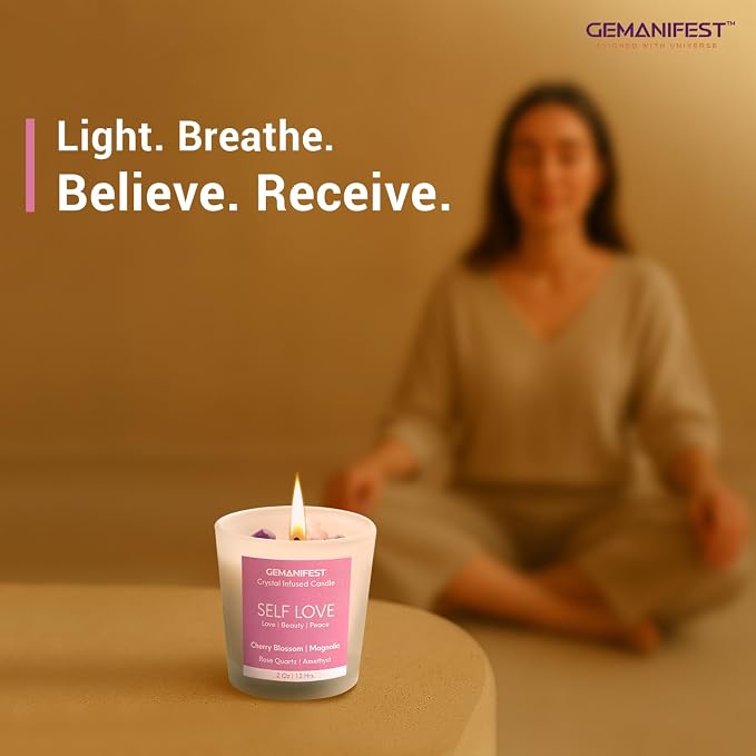Self Love Manifestation Candle, Cherry Blossom & Magnolia Scented Soy Candle with Rose Quartz & Amethyst, Valentine's Gift for Her/Him, Women's Wellness & Spiritual Healing