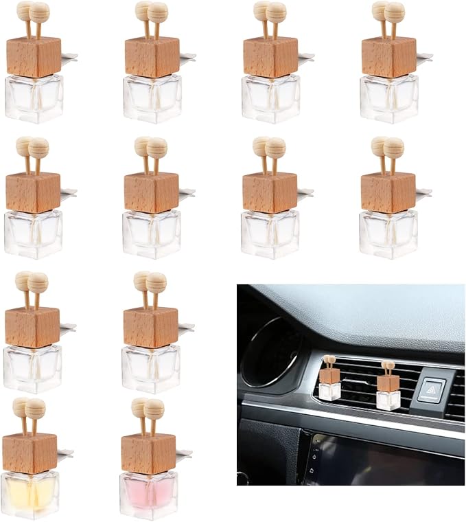 12 Pack Empty Car Air Freshener Perfume Clip Glass Essential Oil Diffuser Bottle Aromatherapy Fragrance Diffuser Vent Outlet Ornament Decor