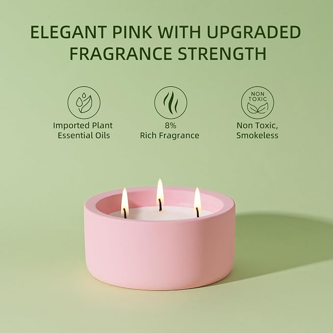 Viyffo 20oz Large Scented Candle - Rose & Jasmine, 3 Wick Pink Candles for Women Home Scented, Non Toxic Soy, Decorative Ceramic Jar Candle, Luxury Fragrance, Elegant Spring Décor & Birthday Gift