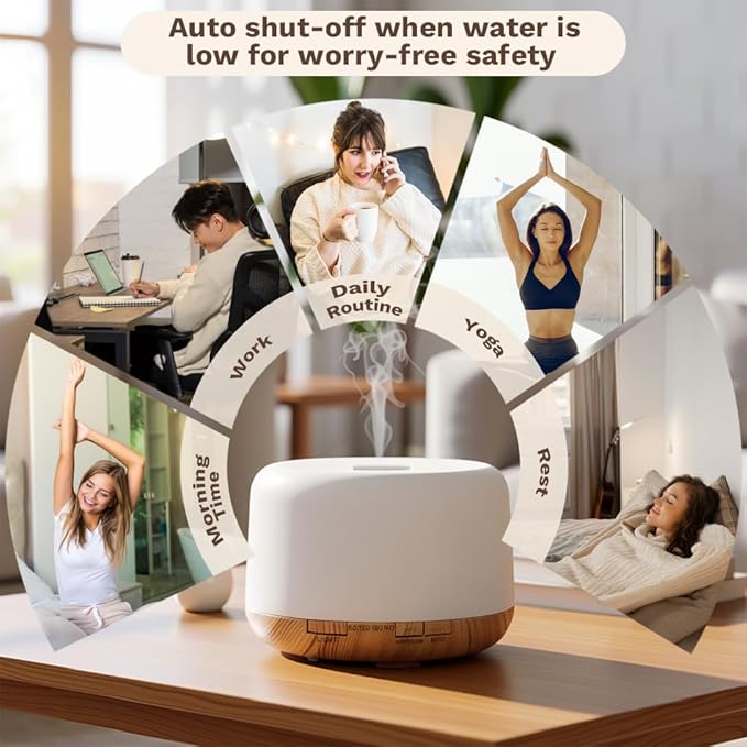 500ml Premium Essential Oil Diffuser,Quiet 4-in-1 Ultrasonic Aromatherapy Humidifier,7 Color LED Lights,with Adjustable Automatic Timer Off Function and Spray Mode. (Light Woodgrain,Classic Model)