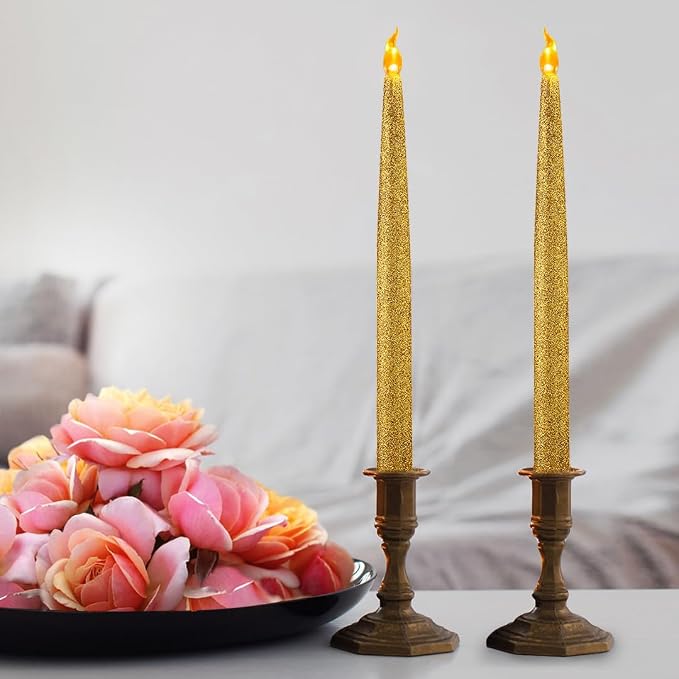 FURORA LIGHTING Flameless Gold Glitter Taper Candles, Amber Flicker, 6/18 Timer, Battery Operated — Ideal for Home décor and Holiday displays.