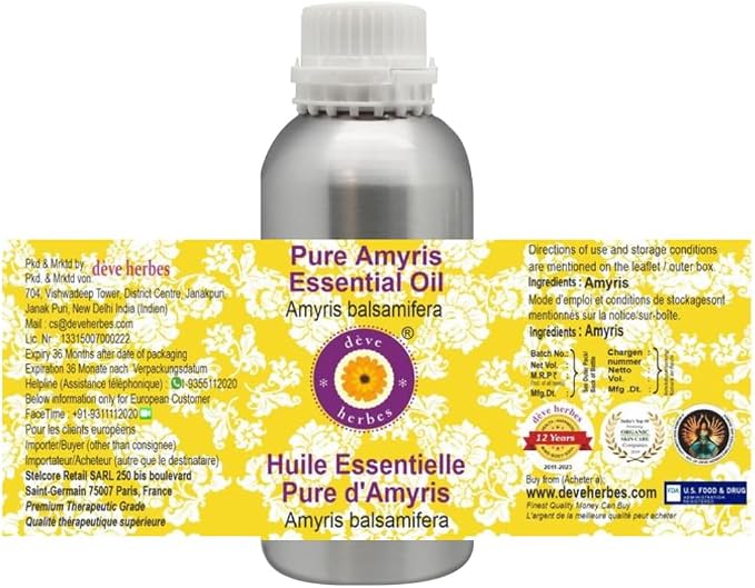 Deve Herbes Pure Amyris Essential Oil (Amyris balsamifera) Steam Distilled 300ml (10 oz)