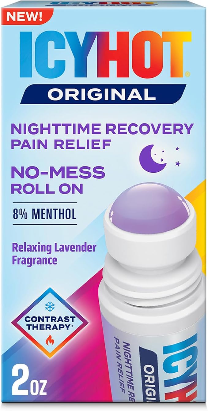 Icy Hot Original Pain Relief Nighttime Recovery No-Mess Roll-On Applicator, Fast-Acting Pain Relief with Menthol 8% for Backaches, Joints, Muscle Strains and Arthritis, Lavender Scent, 2 oz