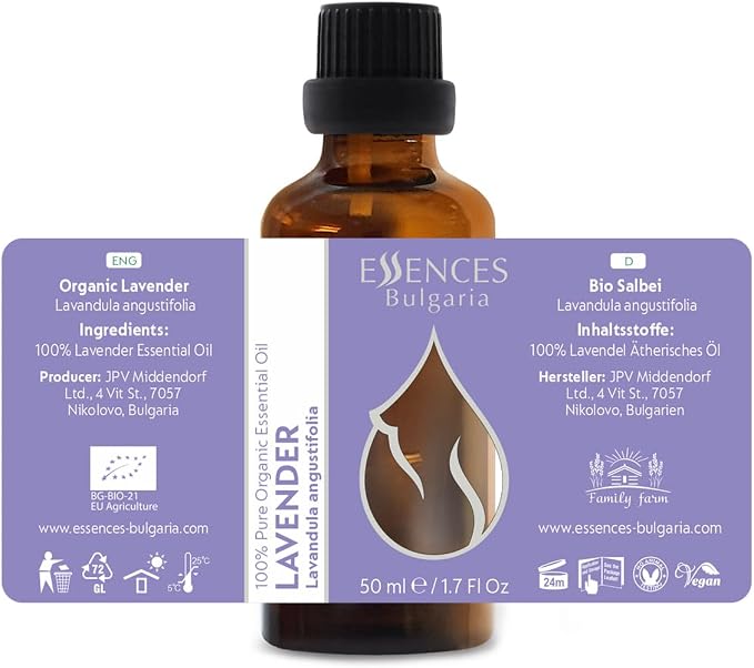 Essences Bulgaria Organic Lavender Essential Oil 1,7 Fl Oz | 50ml | Lavandula angustifolia | 100% Pure and Natural | Undiluted | Therapeutic Grade | Family Owned Farm | Steam-Distilled | Non-GMO